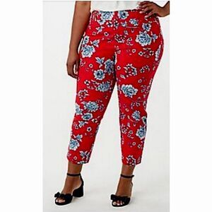 Roz & Ali Signature Fit Red Floral Straight Leg Ankle Cropped Pants Size 14P